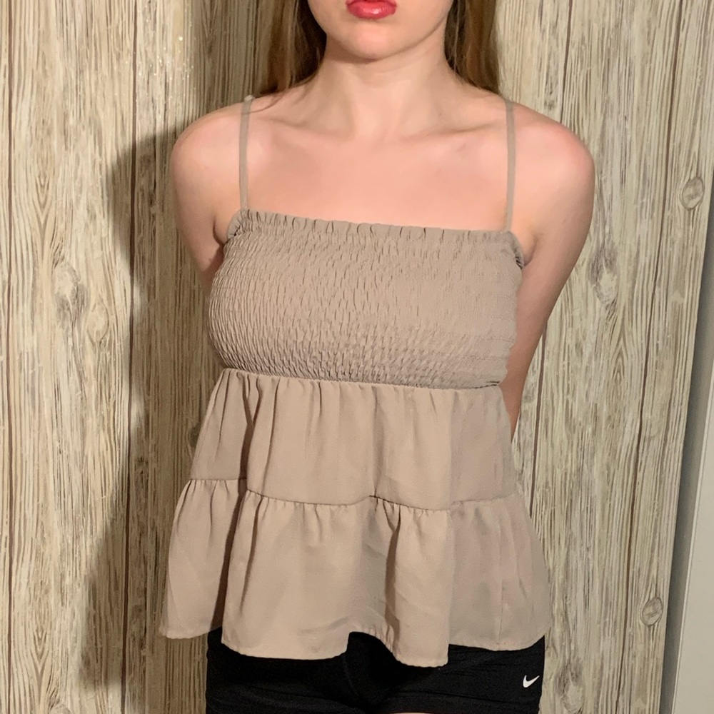 Tan Ruffle Hem Tank Top